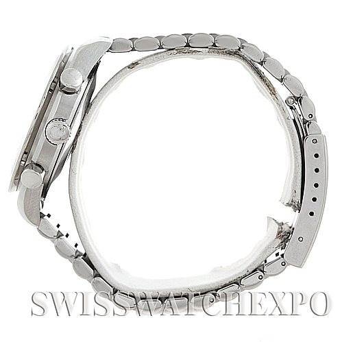 This image shows a side view of the Omega Speedmaster 3513.30.00 Men
s Stainless Steel Silver Dial 3513.30.00 Men
s Stainless Steel Silver Dial watch, highlighting its case, crown, pushers, and metal bracelet.