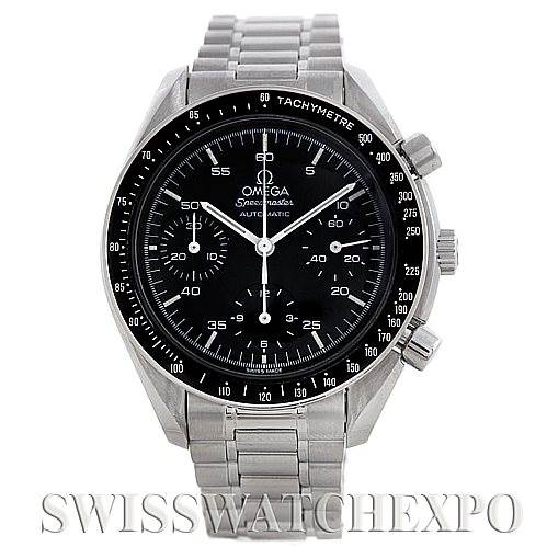 The image shows a front view of an Omega Speedmaster 3510.50.00 Men
s Stainless Steel Black Dial 3510.50.00 Men
s Stainless Steel Black Dial watch with a stainless steel bracelet and black dial.