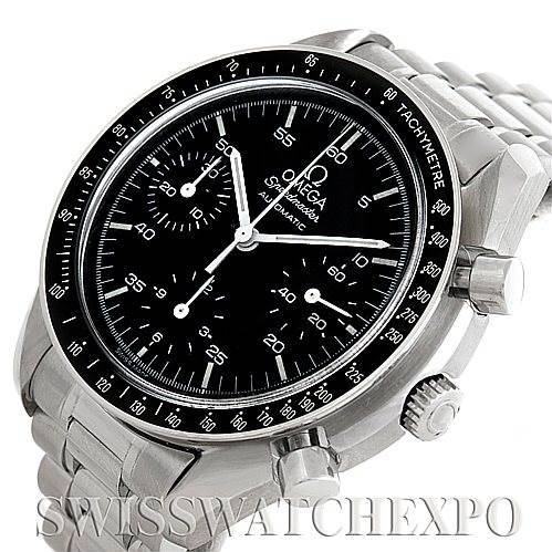 This image shows the Omega Speedmaster 3510.50.00 Men
s Stainless Steel Black Dial 3510.50.00 Men
s Stainless Steel Black Dial watch at an angled side view, displaying the dial, subdials, tachymeter bezel, crown, and bracelet.