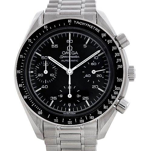 This image shows a frontal view of the Omega Speedmaster 3510.50.00 Men
s Stainless Steel Black Dial 3510.50.00 Men
s Stainless Steel Black Dial watch, highlighting the dial, hands, sub-dials, and tachymeter bezel.