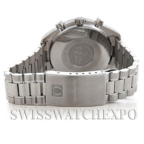 This image shows the back case, crown, pushers, and clasp of an Omega Speedmaster 3510.50.00 Men
s Stainless Steel Black Dial 3510.50.00 Men
s Stainless Steel Black Dial watch.