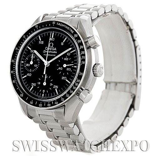 The image shows an angled view of an Omega Speedmaster 3510.50.00 Men
s Stainless Steel Black Dial 3510.50.00 Men
s Stainless Steel Black Dial watch, highlighting its face, bezel, crown, and stainless steel bracelet.