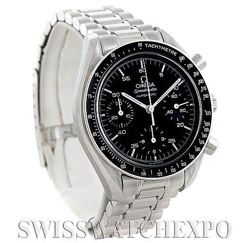 The Omega Speedmaster 3510.50.00 Men
s Stainless Steel Black Dial 3510.50.00 Men
s Stainless Steel Black Dial watch is shown from a front-left angle, displaying its black dial, tachymeter bezel, and stainless steel bracelet.