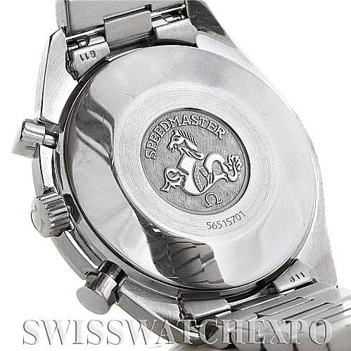 The image shows the back case of an Omega Speedmaster 3510.50.00 Men
s Stainless Steel Black Dial 3510.50.00 Men
s Stainless Steel Black Dial watch at an angle, displaying the engraving and part of the bracelet.