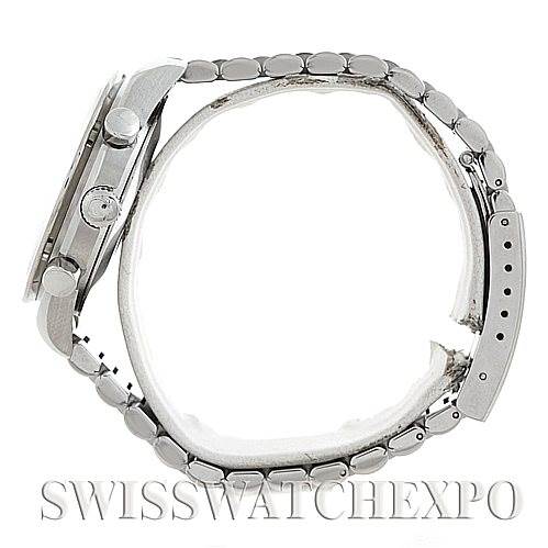 This image shows a side profile of the Omega Speedmaster 3510.50.00 Men
s Stainless Steel Black Dial 3510.50.00 Men
s Stainless Steel Black Dial watch, highlighting the bracelet, case, and pushers.