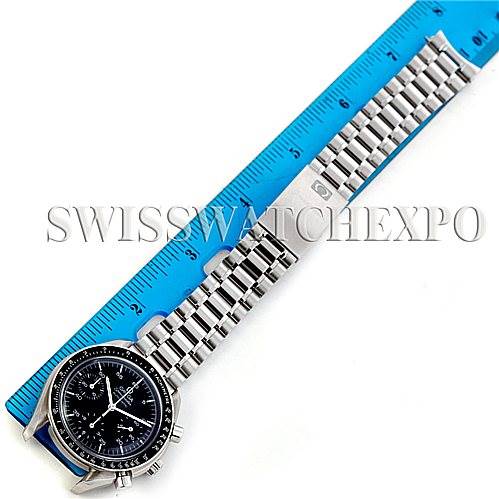 The image shows an Omega Speedmaster 3510.50.00 Men
s Stainless Steel Black Dial 3510.50.00 Men
s Stainless Steel Black Dial watch laid flat with a blue ruler measuring the length of its metal bracelet.