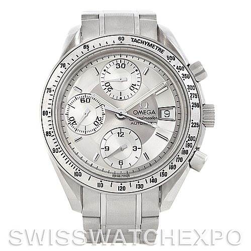 The image shows a front view of the Omega Speedmaster 3513.30.00 Men
s Stainless Steel Silver Dial 3513.30.00 Men
s Stainless Steel Silver Dial watch, highlighting its dial, chronograph subdials, and stainless steel bracelet.