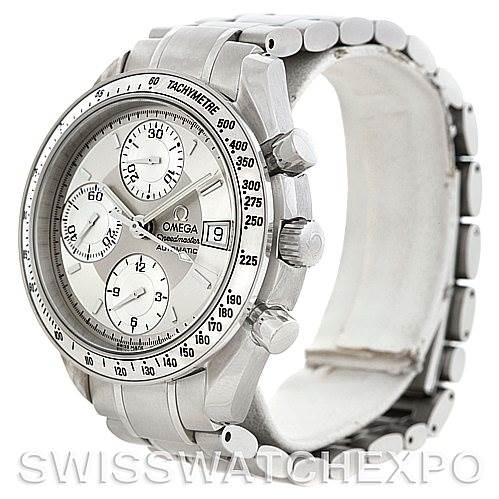 This image shows an Omega Speedmaster 3513.30.00 Men
s Stainless Steel Silver Dial 3513.30.00 Men
s Stainless Steel Silver Dial watch at a slight angle, highlighting the face, bezel, and part of the metal bracelet.