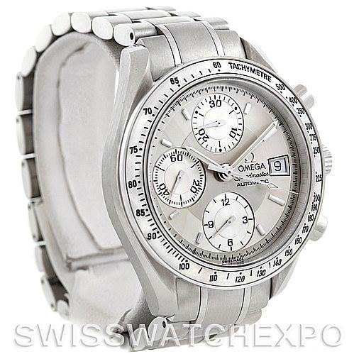 The image shows a frontal three-quarter view of an Omega Speedmaster 3513.30.00 Men
s Stainless Steel Silver Dial 3513.30.00 Men
s Stainless Steel Silver Dial watch, displaying the dial, bezel, and part of the metallic bracelet.