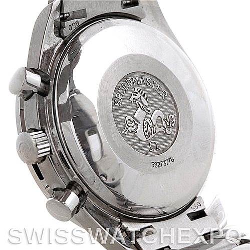 The image shows the back case of an Omega Speedmaster 3513.30.00 Men
s Stainless Steel Silver Dial 3513.30.00 Men
s Stainless Steel Silver Dial watch, showcasing the emblem and model details.