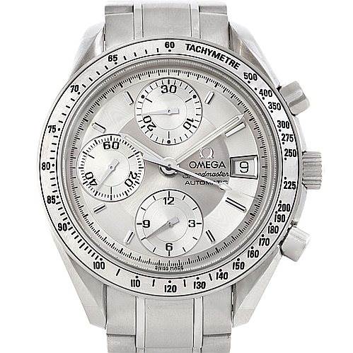 The image shows a frontal view of the Omega Speedmaster 3513.30.00 Men
s Stainless Steel Silver Dial 3513.30.00 Men
s Stainless Steel Silver Dial watch, highlighting its tachymeter bezel, sub-dials, and the date window.