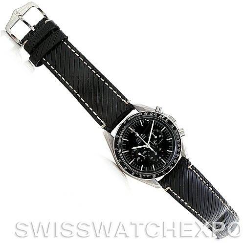 The Omega Speedmaster 145.012 Men
s Stainless Steel Black Dial 145.012 Men
s Stainless Steel Black Dial watch is shown at a tilted angle, displaying its face, bezel, crown, and entire strap.