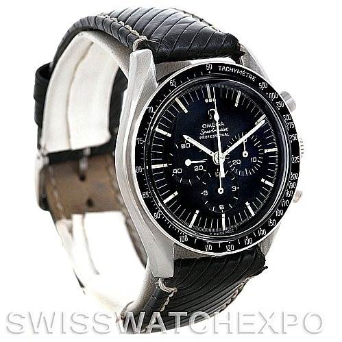 The image shows an angled side view of the Omega Speedmaster 145.012 Men
s Stainless Steel Black Dial 145.012 Men
s Stainless Steel Black Dial watch, highlighting the face, bezel, and black leather strap.