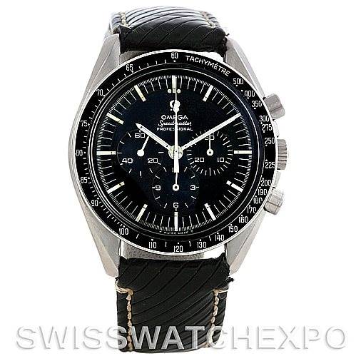 This image shows a front view of an Omega Speedmaster 145.012 Men
s Stainless Steel Black Dial 145.012 Men
s Stainless Steel Black Dial watch, displaying the dial, bezel, and leather strap.