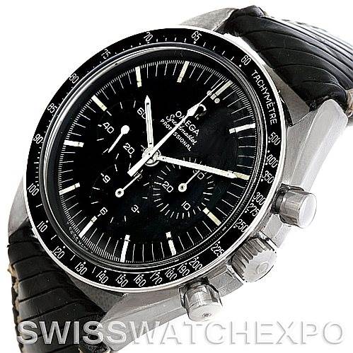 The image shows a close-up of an Omega Speedmaster 145.012 Men
s Stainless Steel Black Dial 145.012 Men
s Stainless Steel Black Dial watch at an angled top view, highlighting the dial, bezel, and crowns.