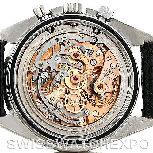 This image shows the back view of the Omega Speedmaster 145.012 Men
s Stainless Steel Black Dial 145.012 Men
s Stainless Steel Black Dial watch, displaying its intricate movement and inner mechanics.