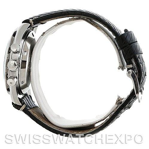 The image shows a side view of the Omega Speedmaster 145.012 Men
s Stainless Steel Black Dial 145.012 Men
s Stainless Steel Black Dial watch, highlighting the case, crown, pushers, and leather strap.