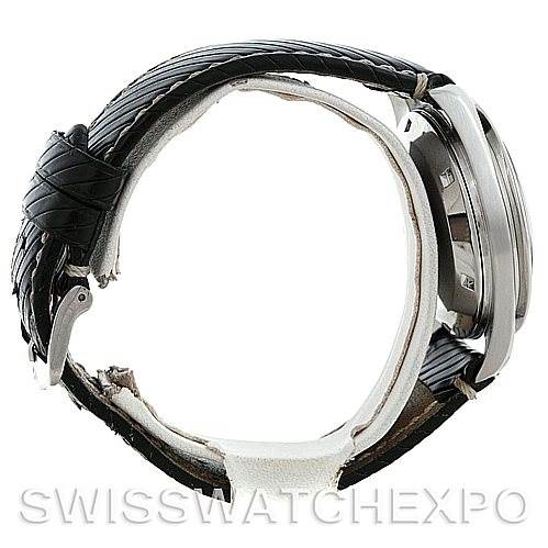 This image shows a side profile of an Omega Speedmaster 145.012 Men
s Stainless Steel Black Dial 145.012 Men
s Stainless Steel Black Dial watch, focusing on the case and leather strap.