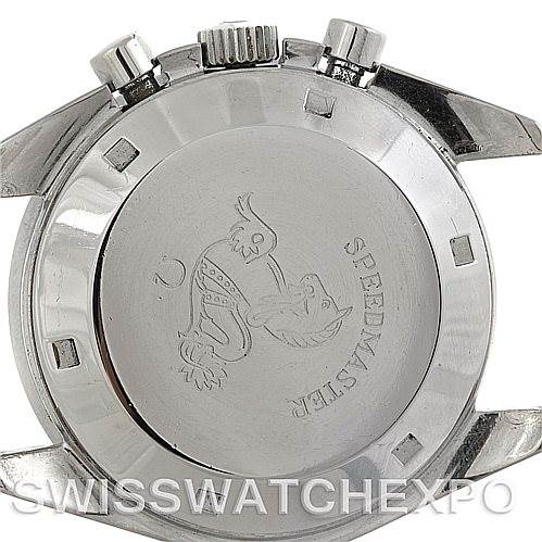 This image shows the case back of an Omega Speedmaster 145.022 Men
s Stainless Steel Black Dial 145.022 Men
s Stainless Steel Black Dial watch with engravings, including the Speedmaster logo and branding.