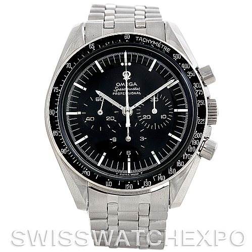 The image shows a front view of an Omega Speedmaster 145.022 Men
s Stainless Steel Black Dial 145.022 Men
s Stainless Steel Black Dial watch, displaying its face, bezel, and metal bracelet.