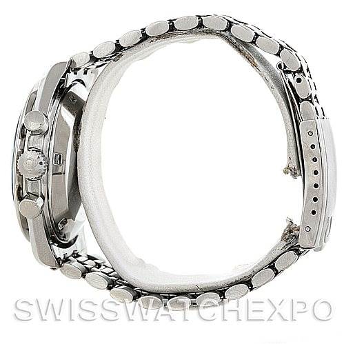 The image shows a side view of the Omega Speedmaster 145.022 Men
s Stainless Steel Black Dial 145.022 Men
s Stainless Steel Black Dial watch highlighting its case, crown, pushers, and bracelet.