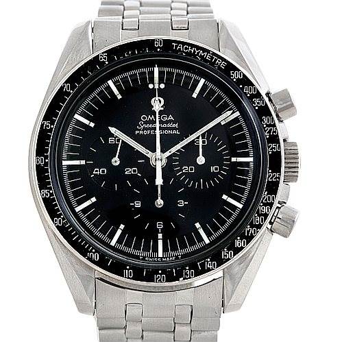 The image shows a front view of the Omega Speedmaster 145.022 Men
s Stainless Steel Black Dial 145.022 Men
s Stainless Steel Black Dial watch, highlighting the face, bezel, and pushers on the right side.