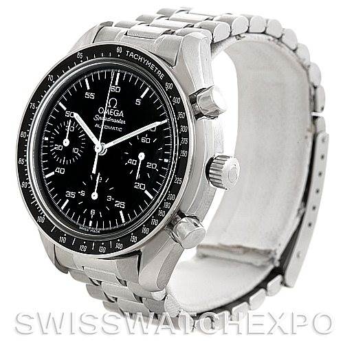 The image shows a side and front angle of an Omega Speedmaster 3510.50.00 Men
s Stainless Steel Black Dial 3510.50.00 Men
s Stainless Steel Black Dial watch, displaying the face, bezel, chronograph pushers, crown, and bracelet.