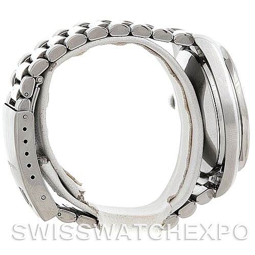 The image shows a side view of the Omega Speedmaster 3510.50.00 Men
s Stainless Steel Black Dial 3510.50.00 Men
s Stainless Steel Black Dial watch, highlighting its case and linked metal bracelet.