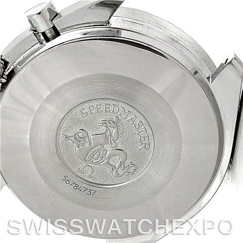 This image shows the case back of an Omega Speedmaster 3510.50.00 Men
s Stainless Steel Black Dial 3510.50.00 Men
s Stainless Steel Black Dial watch, specifically highlighting its engraving and serial number.