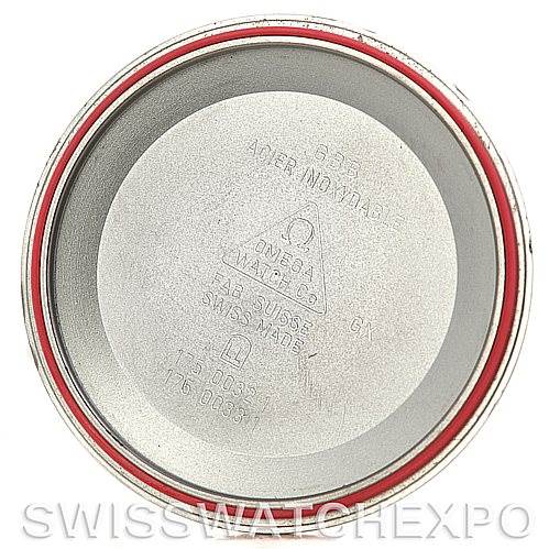 The image shows the inside of the case back for an Omega Speedmaster 3510.50.00 Men
s Stainless Steel Black Dial 3510.50.00 Men
s Stainless Steel Black Dial watch.