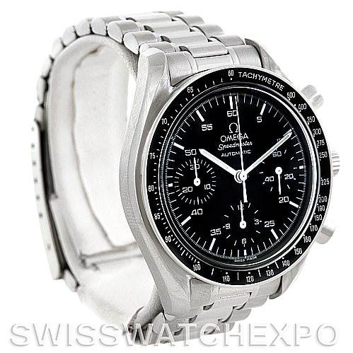 The image shows an angled view of the Omega Speedmaster 3510.50.00 Men
s Stainless Steel Black Dial 3510.50.00 Men
s Stainless Steel Black Dial watch, highlighting its black dial, tachymeter bezel, and stainless steel bracelet.