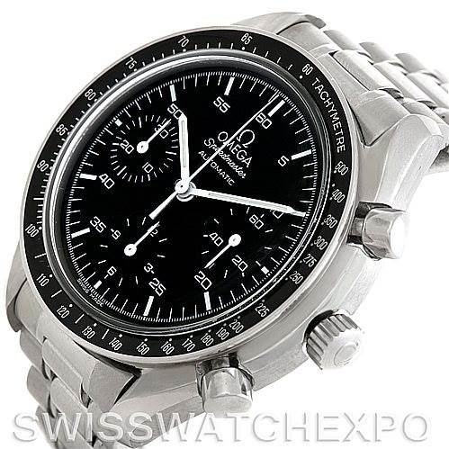 The image shows an angled side view of an Omega Speedmaster 3510.50.00 Men
s Stainless Steel Black Dial 3510.50.00 Men
s Stainless Steel Black Dial watch, highlighting the face, case, pushers, and bracelet.