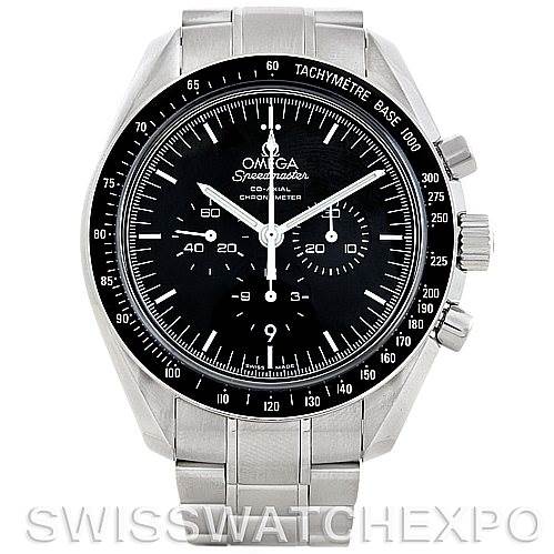 The image shows the front view of an Omega Speedmaster 311.30.44.50.01.002 Men
s Stainless Steel Black Dial 311.30.44.50.01.002 Men
s Stainless Steel Black Dial chronograph with a stainless steel bracelet and a black tachymeter bezel.