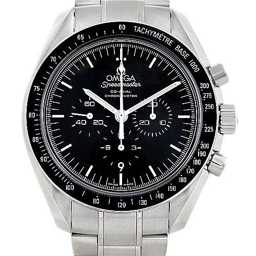 The image shows a front view of an Omega Speedmaster 311.30.44.50.01.002 Men
s Stainless Steel Black Dial 311.30.44.50.01.002 Men
s Stainless Steel Black Dial watch, featuring a black dial, tachymeter bezel, and silver metal band.