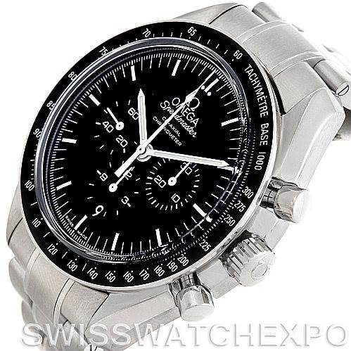 This image shows an angled view of the Omega Speedmaster 311.30.44.50.01.002 Men
s Stainless Steel Black Dial 311.30.44.50.01.002 Men
s Stainless Steel Black Dial, highlighting its black dial, tachymeter bezel, and chronograph pushers.