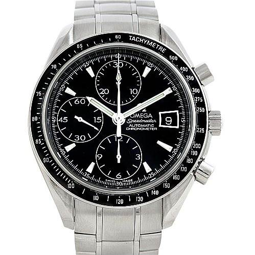 The image shows a front view of an Omega Speedmaster 3210.50.00 Men
s Stainless Steel Black Dial 3210.50.00 Men
s Stainless Steel Black Dial watch, highlighting its dial, tachymetre bezel, subdials, and date display.