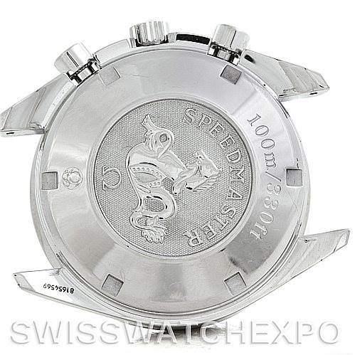 The image shows the case back of the Omega Speedmaster 3210.50.00 Men
s Stainless Steel Black Dial 3210.50.00 Men
s Stainless Steel Black Dial, including the engraved logo and water-resistance rating.