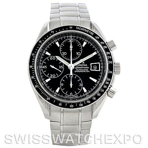 This image shows a front angle view of an Omega Speedmaster 3210.50.00 Men
s Stainless Steel Black Dial 3210.50.00 Men
s Stainless Steel Black Dial watch, highlighting the face, bezel, and bracelet.