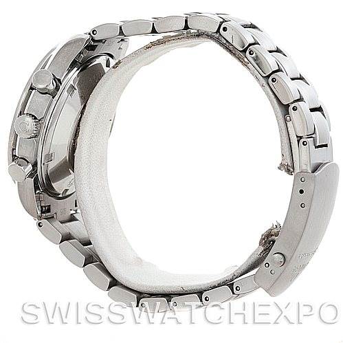 The image shows a side view of the Omega Speedmaster 3210.50.00 Men
s Stainless Steel Black Dial 3210.50.00 Men
s Stainless Steel Black Dial watch, focusing on the stainless steel bracelet, clasp, and case side with pushers.