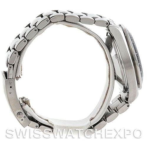 The image shows a side profile of an Omega Speedmaster 3210.50.00 Men
s Stainless Steel Black Dial 3210.50.00 Men
s Stainless Steel Black Dial watch, focusing on its metal bracelet and case.