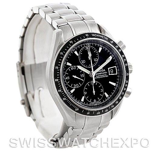 The image shows an angled view of an Omega Speedmaster 3210.50.00 Men
s Stainless Steel Black Dial 3210.50.00 Men
s Stainless Steel Black Dial watch, displaying the face, bezel, and stainless steel bracelet.