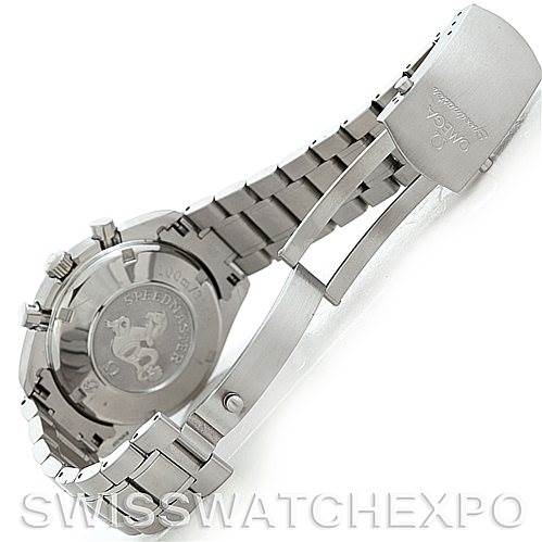 The image shows the back and bracelet of an Omega Speedmaster 3210.50.00 Men
s Stainless Steel Black Dial 3210.50.00 Men
s Stainless Steel Black Dial watch, focusing on the clasp and case back.