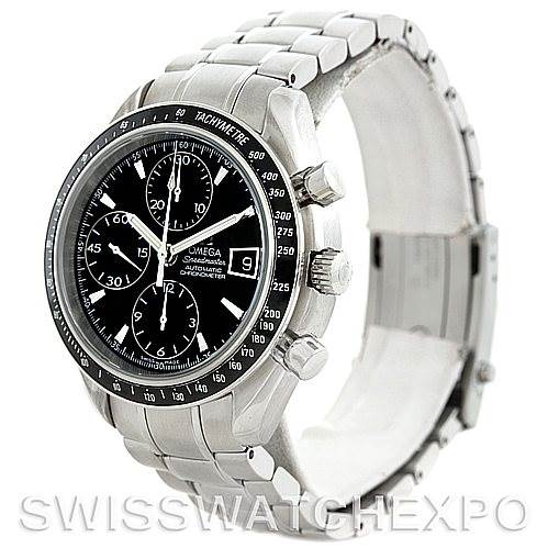 The image shows an Omega Speedmaster 3210.50.00 Men
s Stainless Steel Black Dial 3210.50.00 Men
s Stainless Steel Black Dial watch at a side angle, highlighting its face, bezel, buttons, and bracelet.