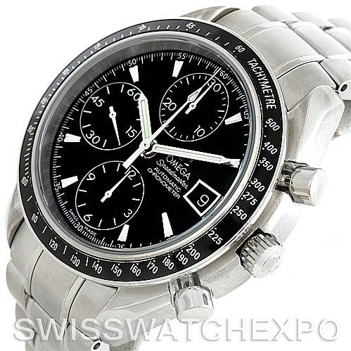 The image shows a close-up of the Omega Speedmaster 3210.50.00 Men
s Stainless Steel Black Dial 3210.50.00 Men
s Stainless Steel Black Dial watch from a slightly right-side angle, featuring the dial, bezel, pushers, and part of the bracelet.