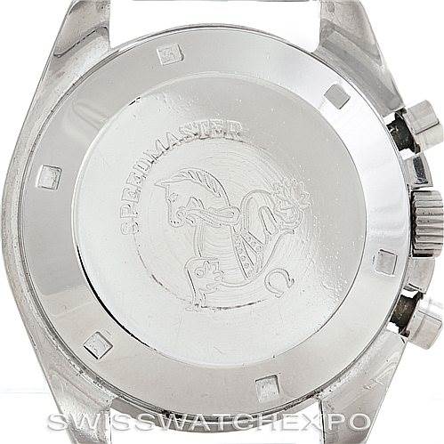 This image shows the case back of an Omega Speedmaster Men
s Stainless Steel Black Dial Men
s Stainless Steel Black Dial watch, featuring the branding and emblem.