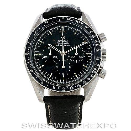 This image shows a front view of an Omega Speedmaster Men
s Stainless Steel Black Dial Men
s Stainless Steel Black Dial watch, highlighting the dial, chronograph subdials, tachymeter bezel, and leather strap.