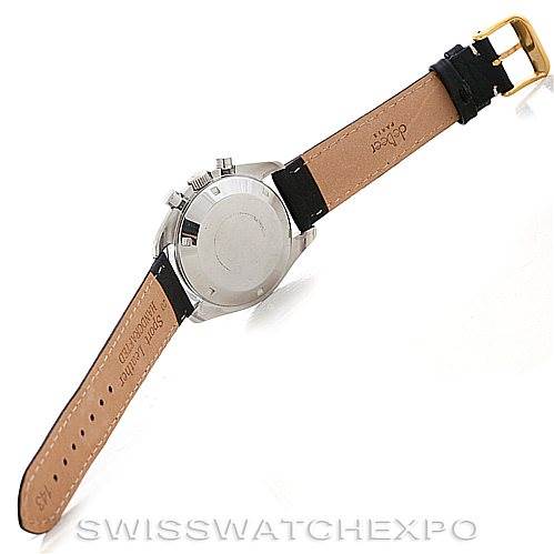 The image shows the Omega Speedmaster Men
s Stainless Steel Black Dial Men
s Stainless Steel Black Dial watch from a back view, highlighting its leather strap and case back.