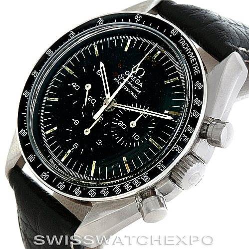 The image shows a close-up angle of an Omega Speedmaster Men
s Stainless Steel Black Dial Men
s Stainless Steel Black Dial watch, highlighting the face, bezel, crown, and chronograph pushers.