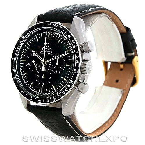 The image shows an angled view of an Omega Speedmaster Men
s Stainless Steel Black Dial Men
s Stainless Steel Black Dial watch, displaying the dial, bezel, crown, pushers, and leather strap.