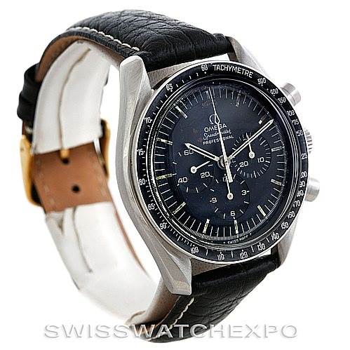 The image shows an Omega Speedmaster Men
s Stainless Steel Black Dial Men
s Stainless Steel Black Dial watch from a front-left angle, highlighting its dial, bezel, and leather strap.